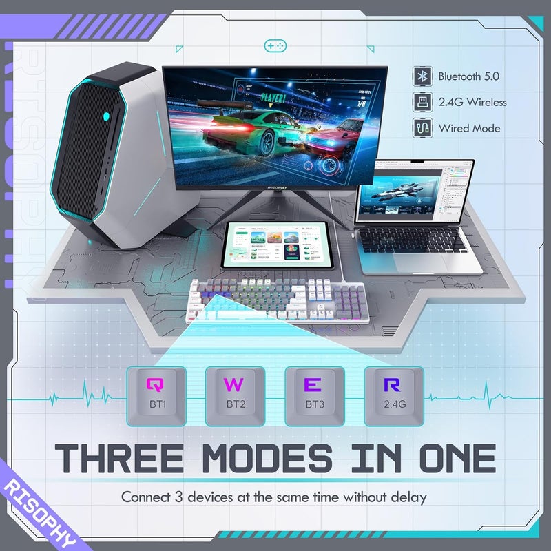RisoPhy Wireless Mechanical Keyboard, Triple Mode 2.4G/USB-C/Bluetooth Gaming Keyboard, 104 Keys Programmable, Customize RGB Backlit, Red Switch, Bicolor PBT Keycaps, Rechargeable Wired for Laptop PC - Image 4